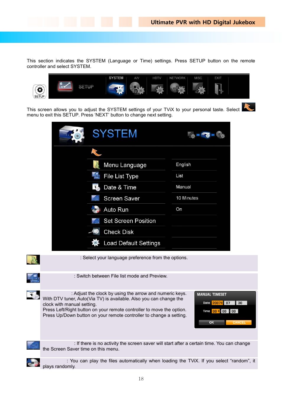 4 tvix setup menu, 1 system setting, Ultimate pvr with hd digital jukebox | DVico TVIX PVR R-2200 User Manual | Page 18 / 68