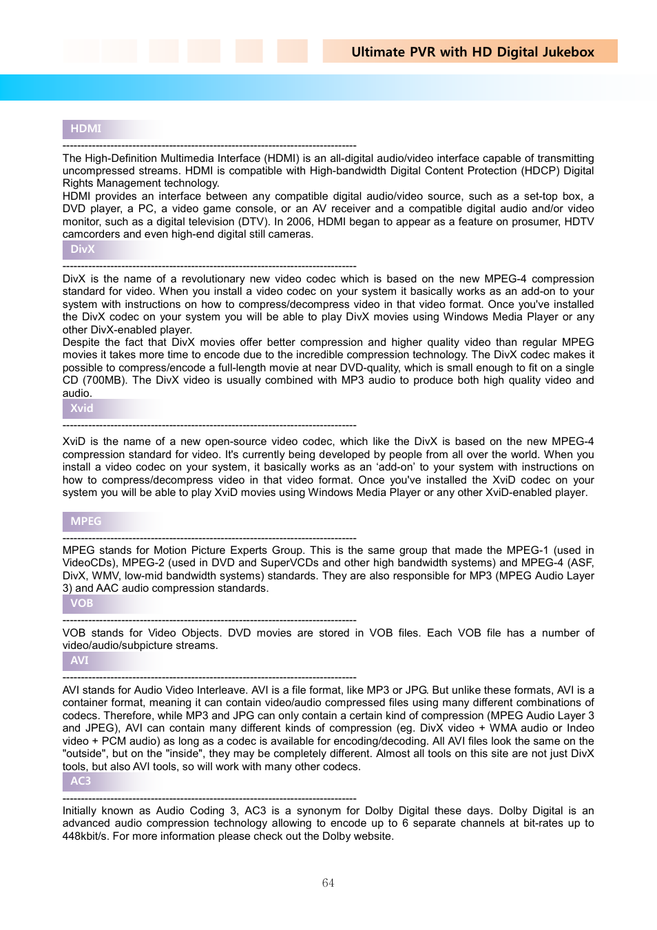 11 appendix - technical terms, Ultimate pvr with hd digital jukebox | DVico TVIX PVR R-2200 User Manual | Page 64 / 68