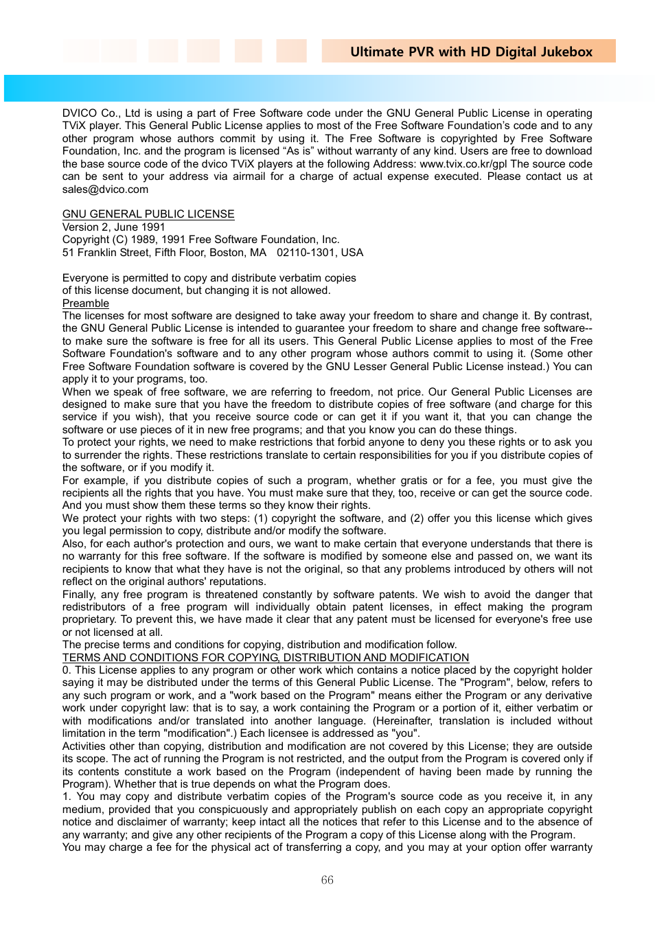 12 gnu general public license | DVico TVIX PVR R-2200 User Manual | Page 66 / 68
