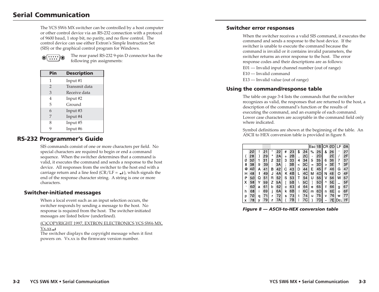 Serial communication, Serial communication, cont’d, Rs-232 programmer’s guide | Extron Electronics YCS SW6 MX User Guide User Manual | Page 10 / 15