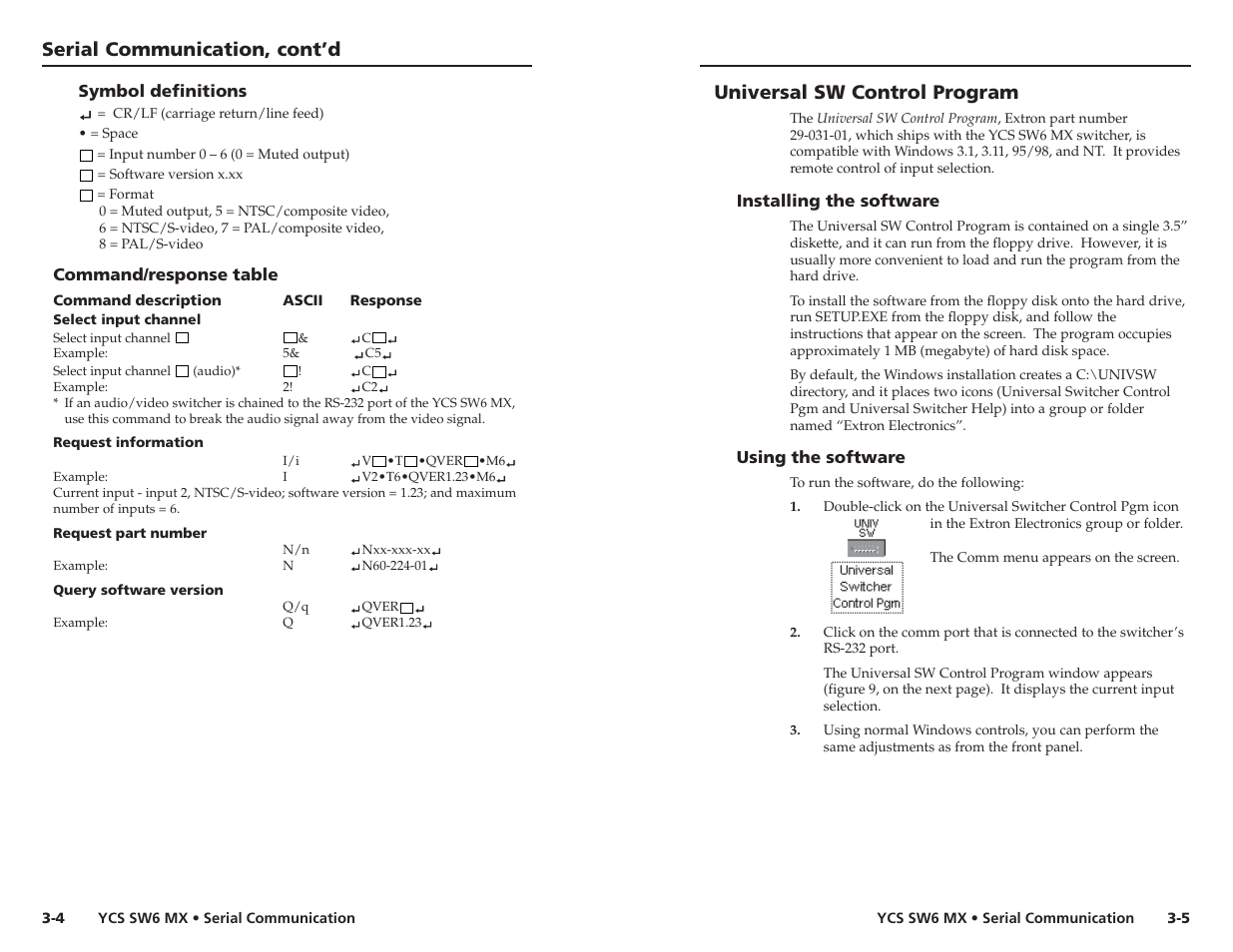 Serial communication, cont’d, Universal sw control program | Extron Electronics YCS SW6 MX User Guide User Manual | Page 11 / 15