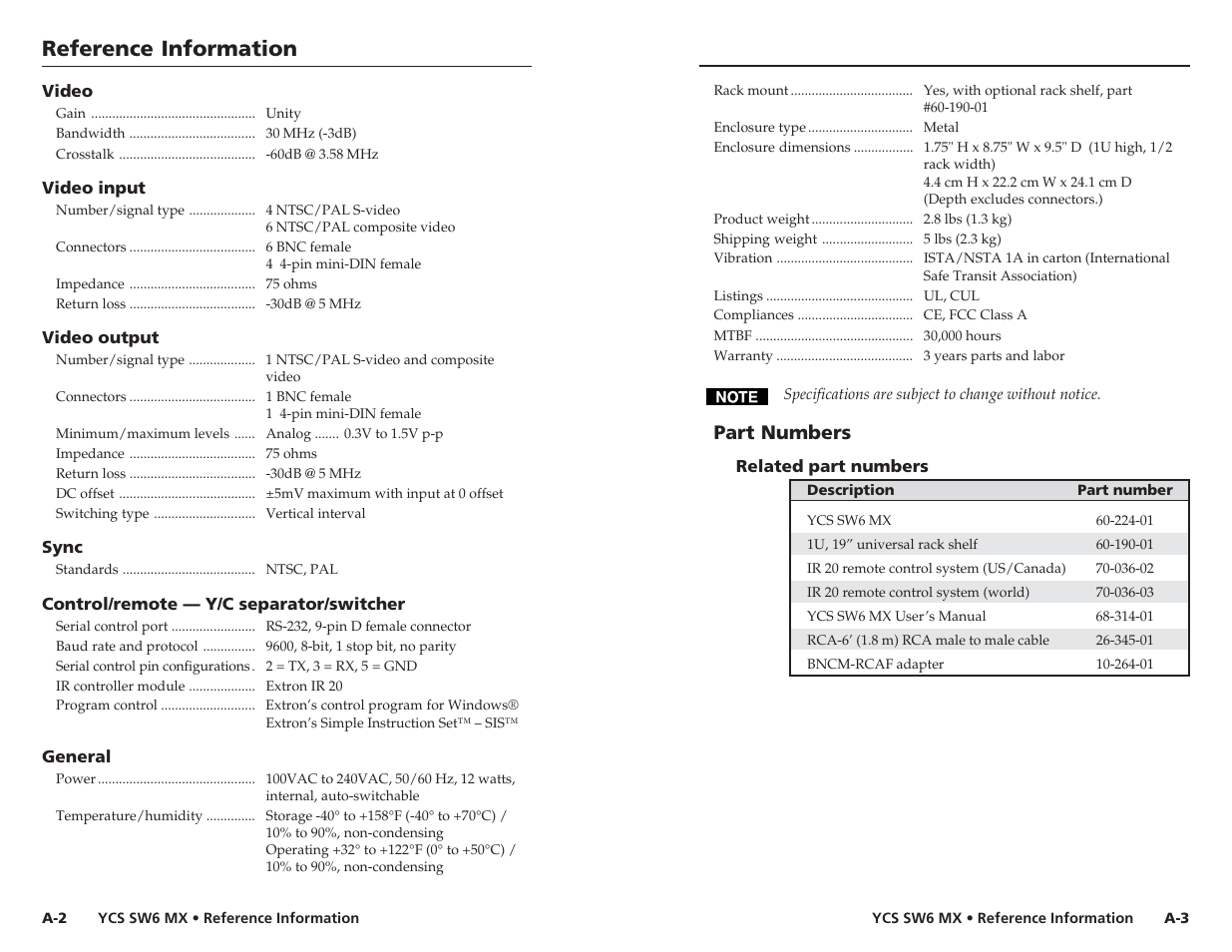 Reference information, Reference information, cont’d, Part numbers | Extron Electronics YCS SW6 MX User Guide User Manual | Page 13 / 15