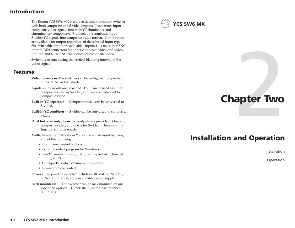 Chapter two | Extron Electronics YCS SW6 MX User Guide User Manual | Page 5 / 15