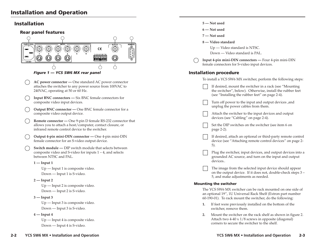 Installation and operation, Installation and operation, cont’d, Installation | Extron Electronics YCS SW6 MX User Guide User Manual | Page 6 / 15