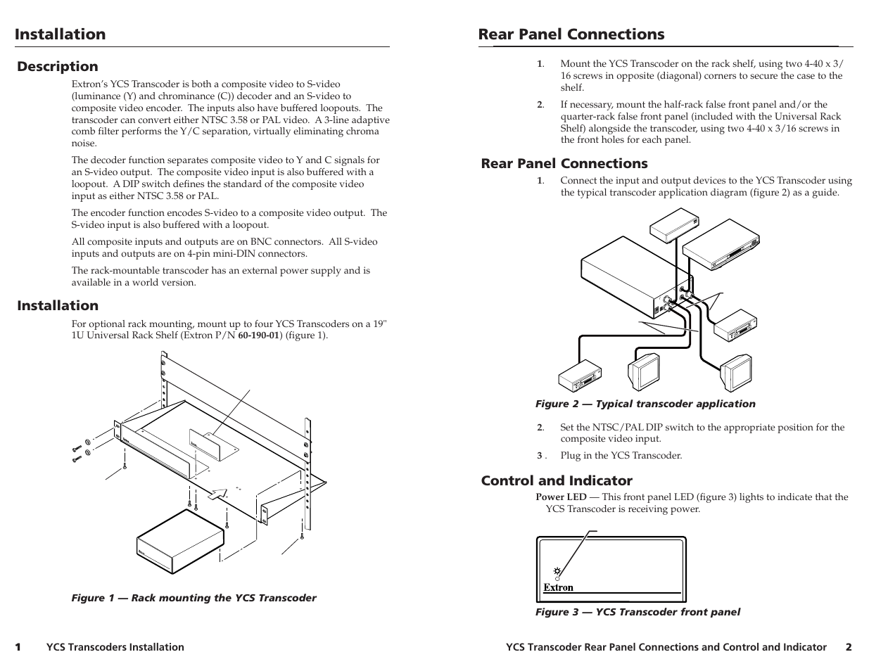 Installation, Rear panel connections | Extron Electronics YCS Transcoder User Guide User Manual | Page 2 / 3