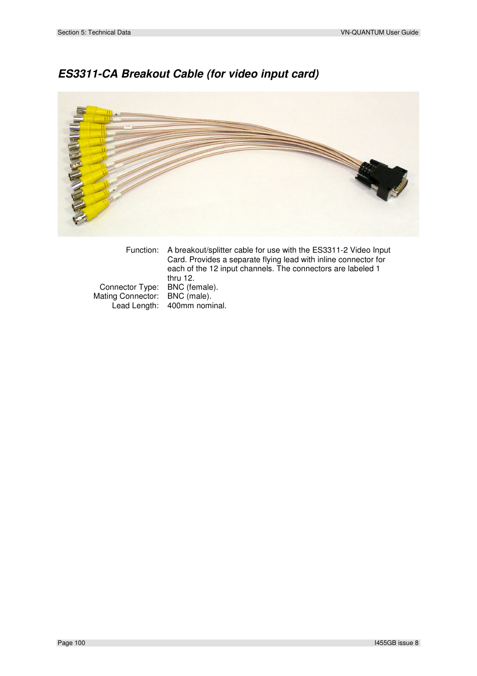 Es3311-ca breakout cable (for video input card) | Extron Electronics VN-QUANTUM User Guide User Manual | Page 100 / 109