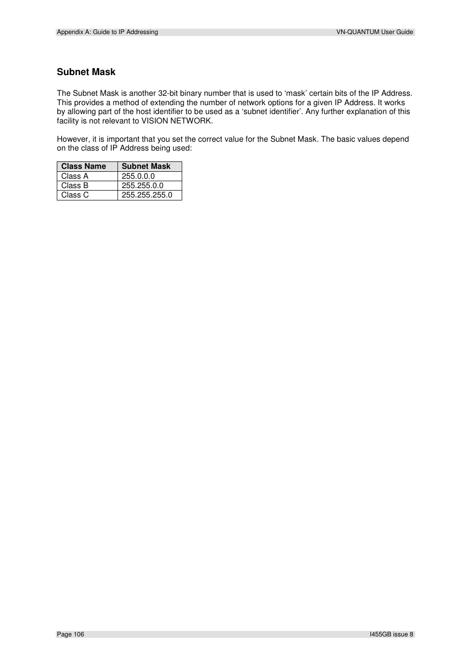 Subnet mask | Extron Electronics VN-QUANTUM User Guide User Manual | Page 106 / 109