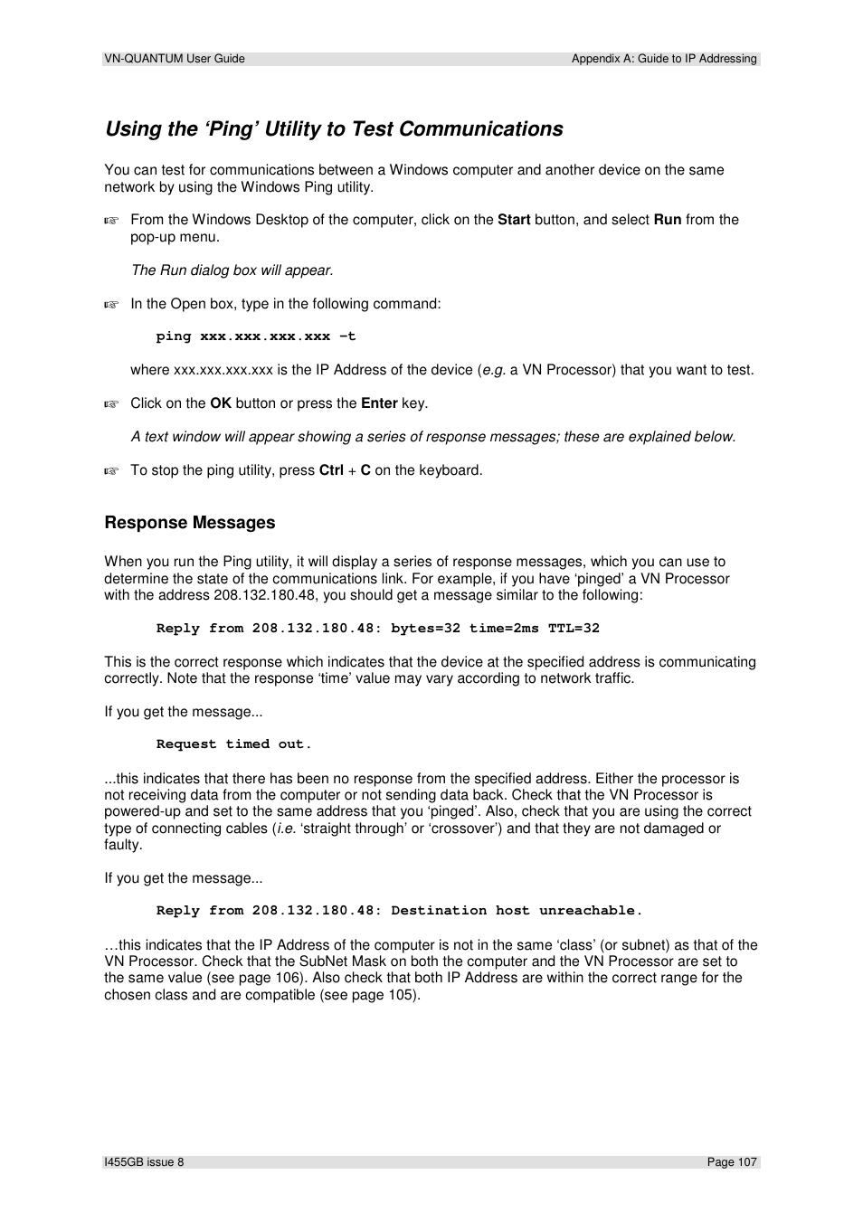 Using the ‘ping’ utility to test communications, Response messages | Extron Electronics VN-QUANTUM User Guide User Manual | Page 107 / 109