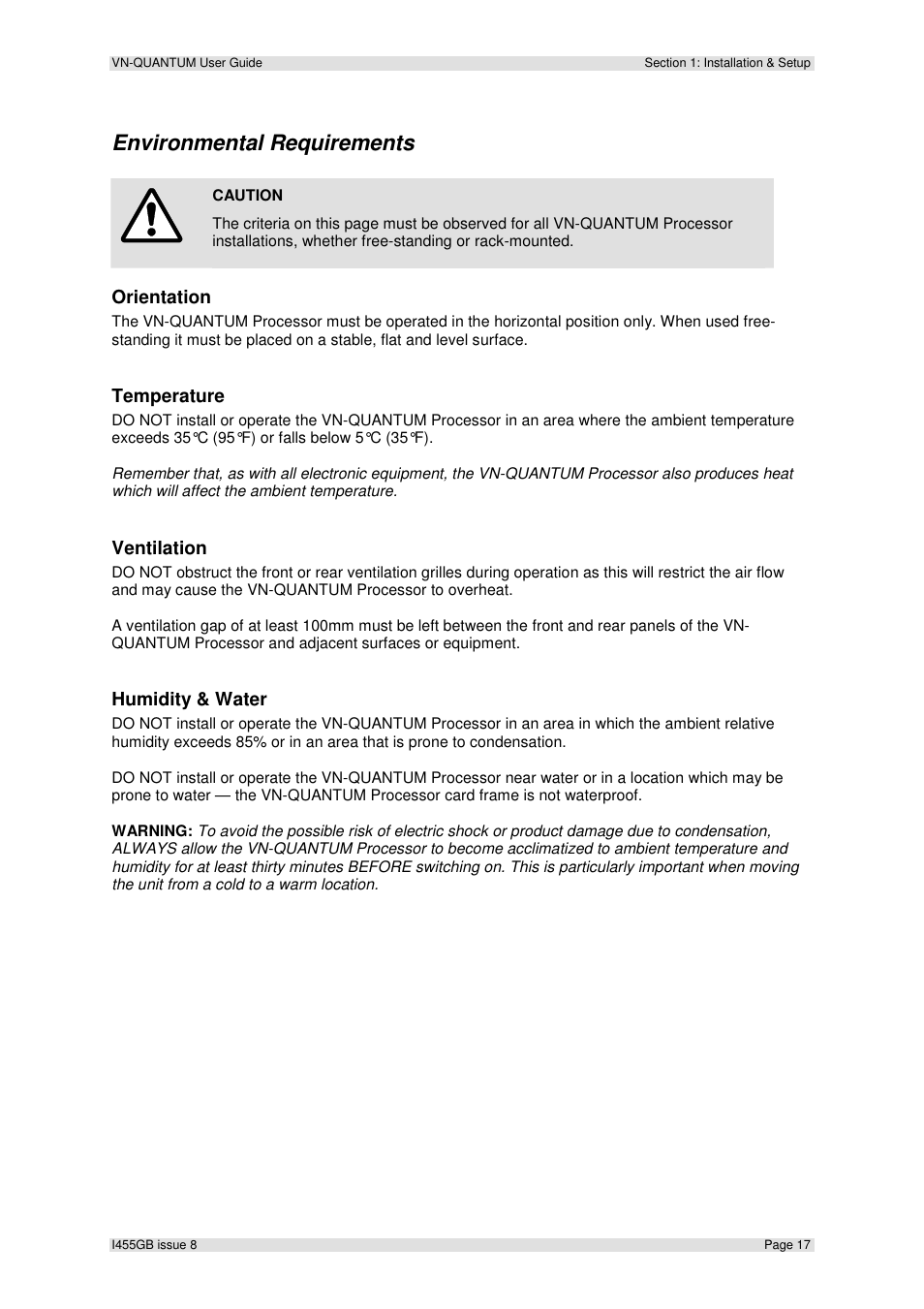 Environmental requirements, Orientation, Temperature | Ventilation, Humidity & water | Extron Electronics VN-QUANTUM User Guide User Manual | Page 17 / 109