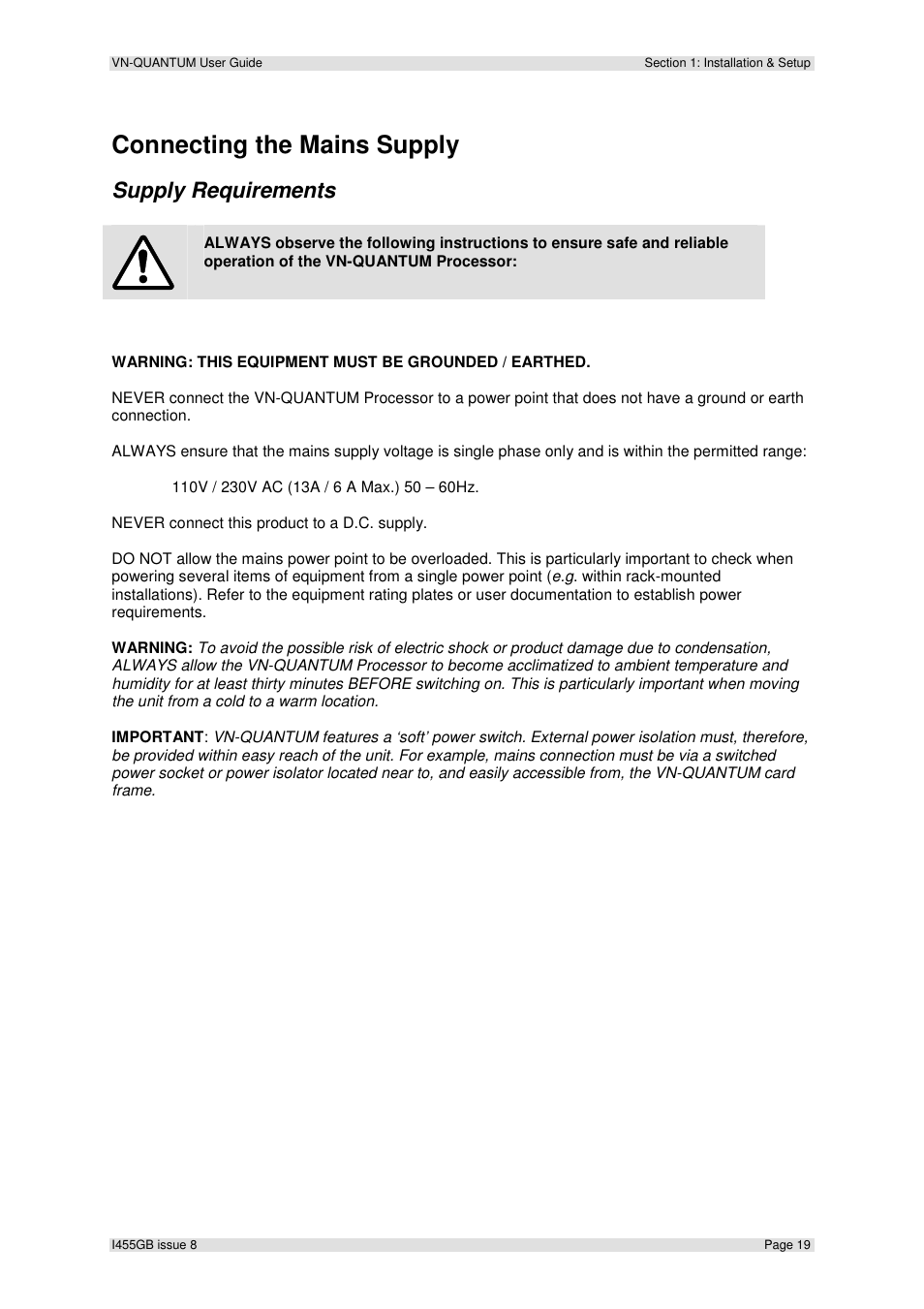 Connecting the mains supply, Supply requirements | Extron Electronics VN-QUANTUM User Guide User Manual | Page 19 / 109