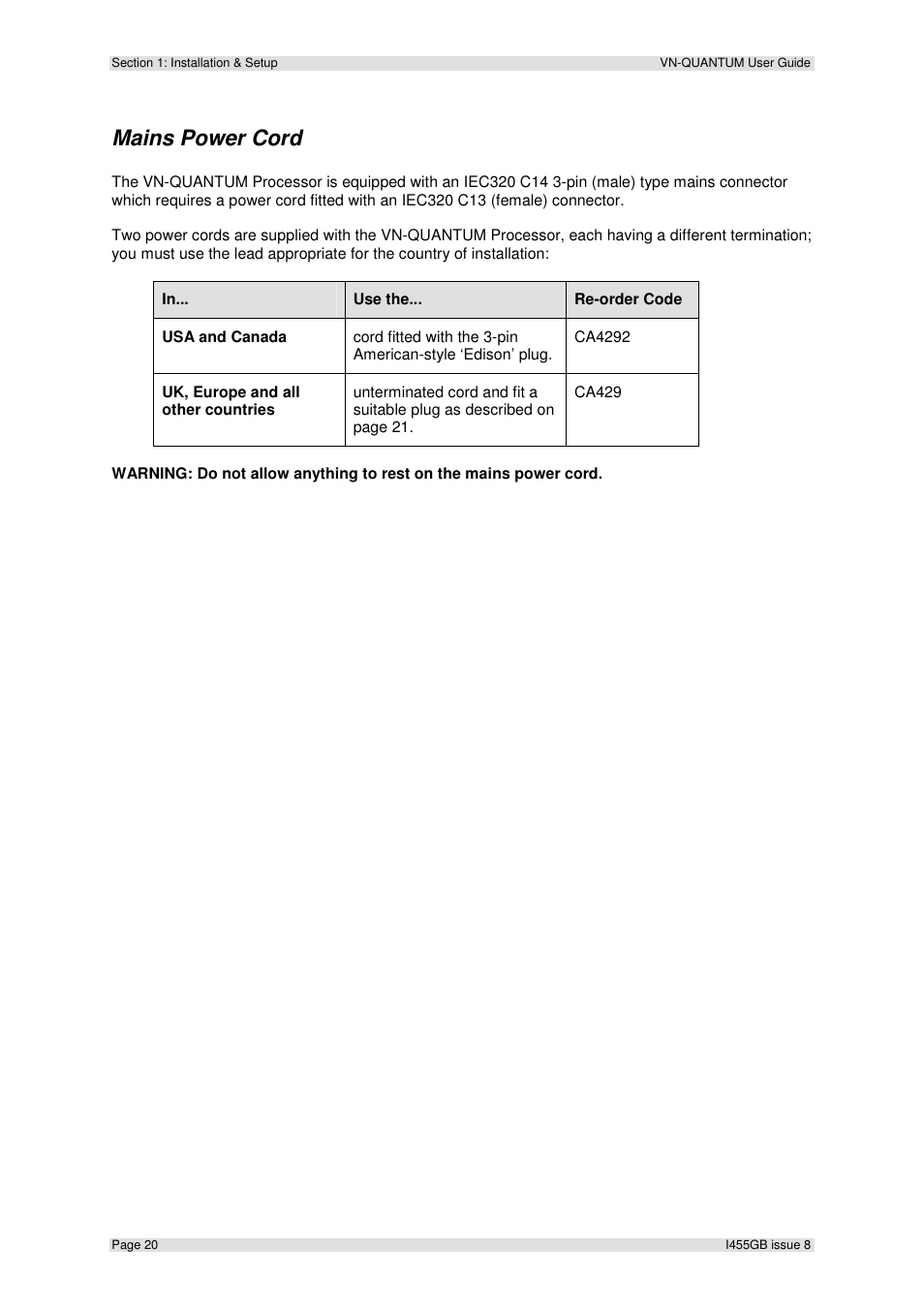 Mains power cord | Extron Electronics VN-QUANTUM User Guide User Manual | Page 20 / 109