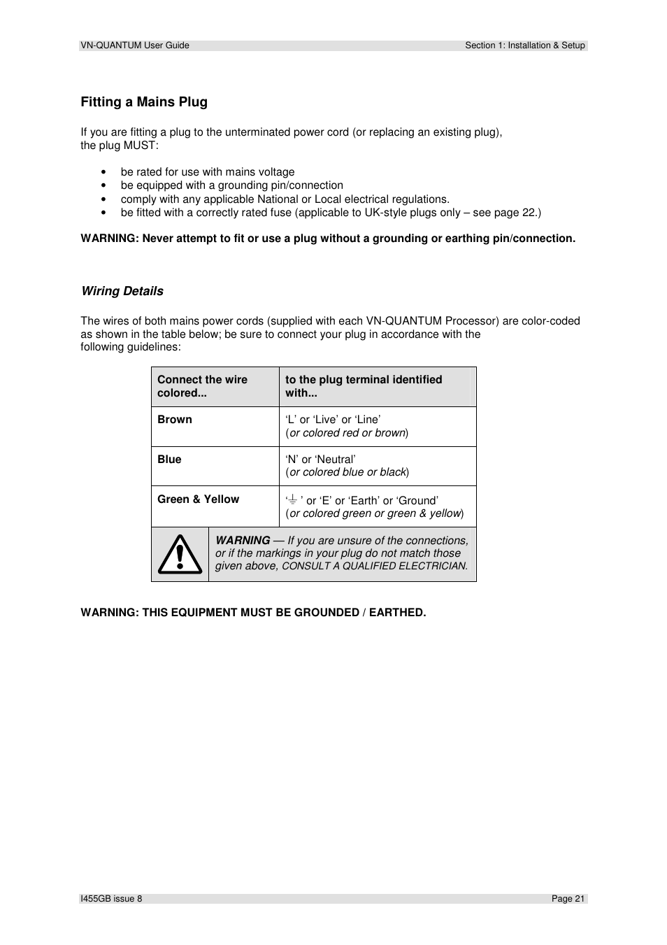 Fitting a mains plug | Extron Electronics VN-QUANTUM User Guide User Manual | Page 21 / 109