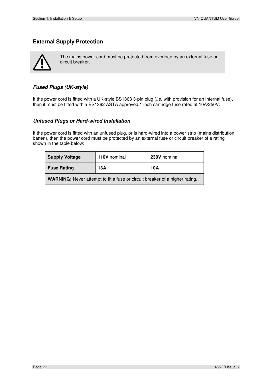 External supply protection | Extron Electronics VN-QUANTUM User Guide User Manual | Page 22 / 109