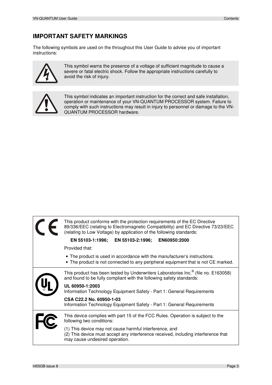 Important safety markings | Extron Electronics VN-QUANTUM User Guide User Manual | Page 3 / 109