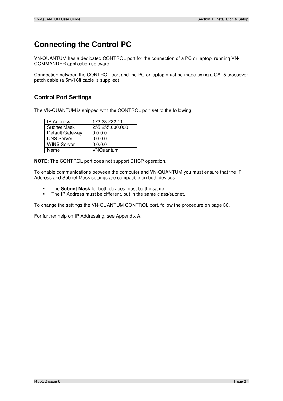 Connecting the control pc, Control port settings | Extron Electronics VN-QUANTUM User Guide User Manual | Page 37 / 109