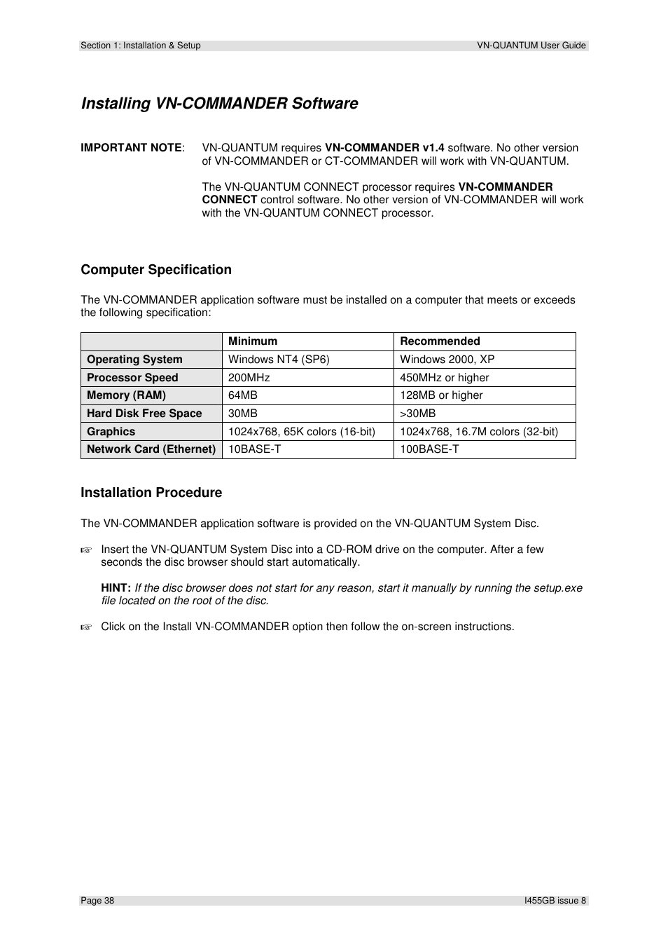 Installing vn-commander software, Computer specification, Installation procedure | Extron Electronics VN-QUANTUM User Guide User Manual | Page 38 / 109