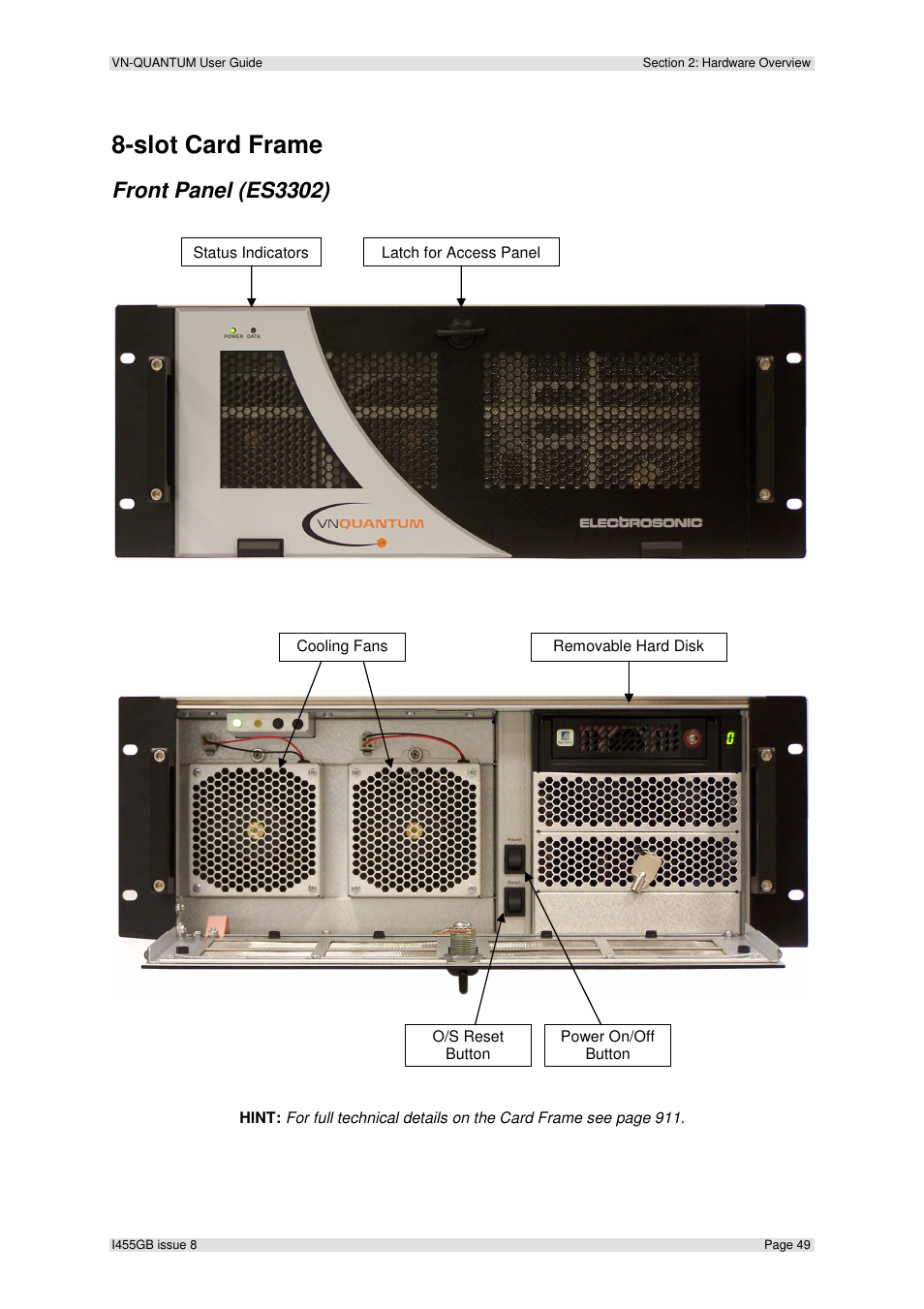 Slot card frame, Front panel (es3302) | Extron Electronics VN-QUANTUM User Guide User Manual | Page 49 / 109
