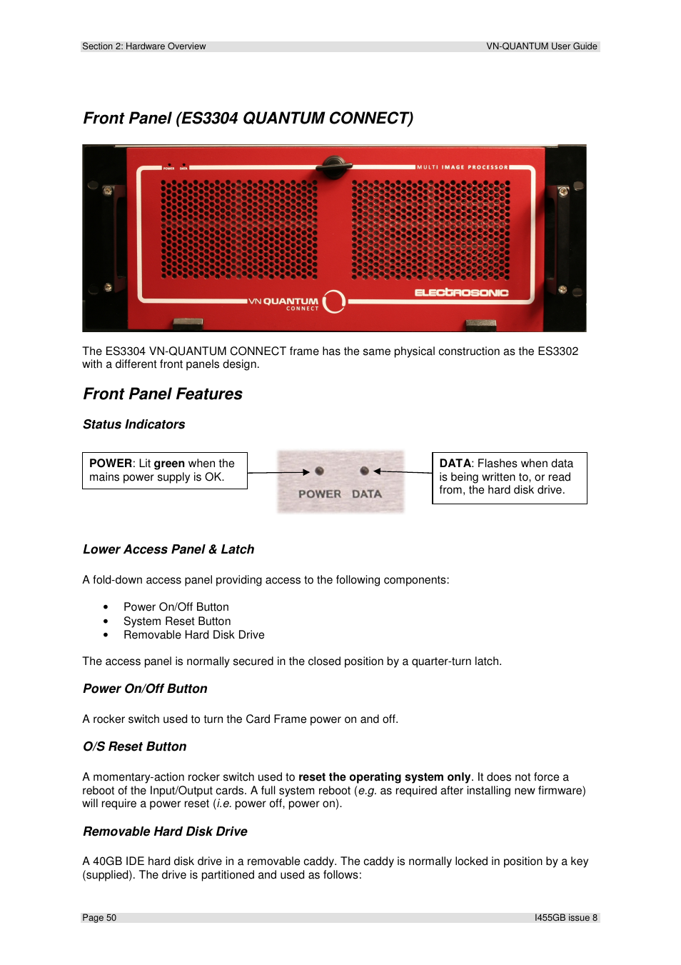 Front panel (es3304 quantum connect), Front panel features | Extron Electronics VN-QUANTUM User Guide User Manual | Page 50 / 109