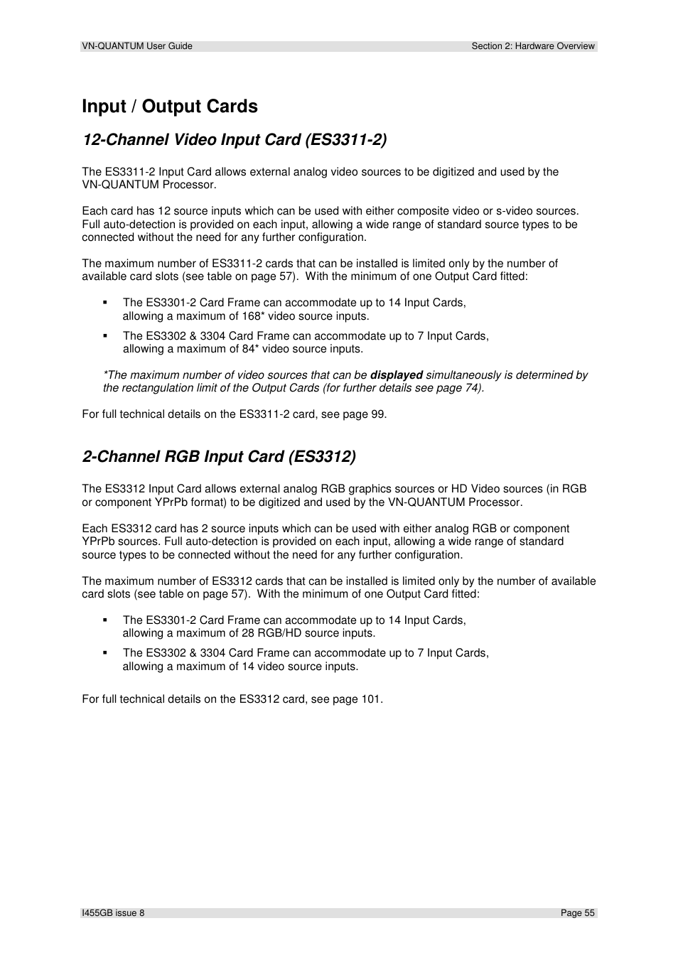 Input / output cards, Channel rgb input card (es3312) | Extron Electronics VN-QUANTUM User Guide User Manual | Page 55 / 109