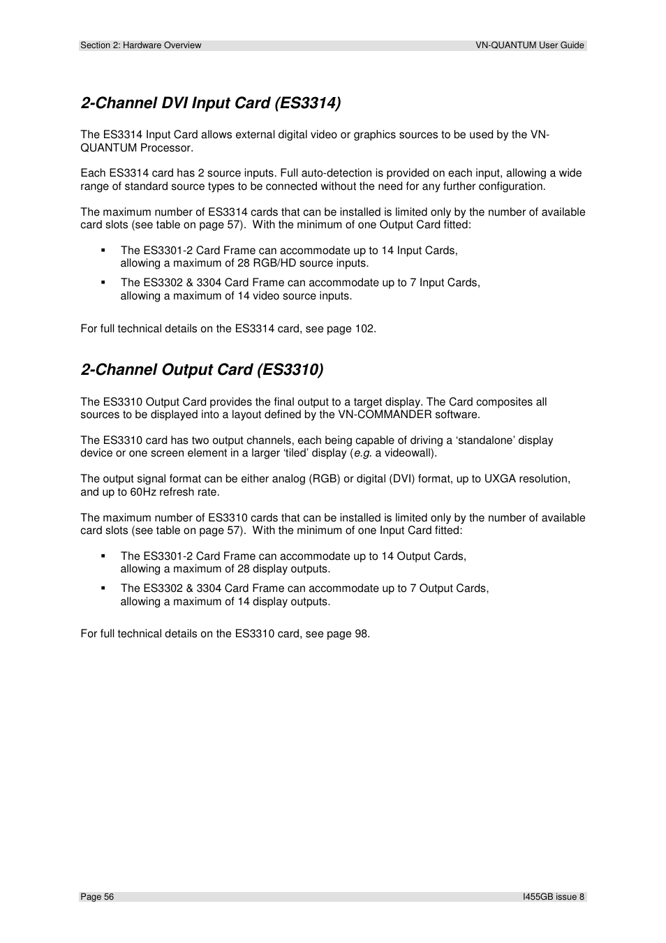 Channel dvi input card (es3314), Channel output card (es3310) | Extron Electronics VN-QUANTUM User Guide User Manual | Page 56 / 109