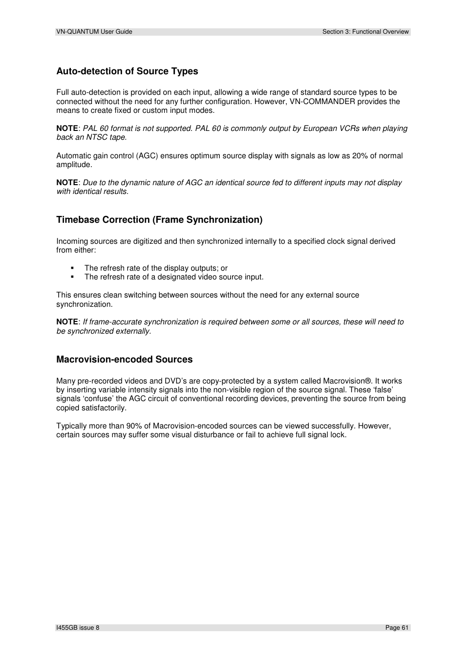 Auto-detection of source types, Timebase correction (frame synchronization), Macrovision-encoded sources | Extron Electronics VN-QUANTUM User Guide User Manual | Page 61 / 109