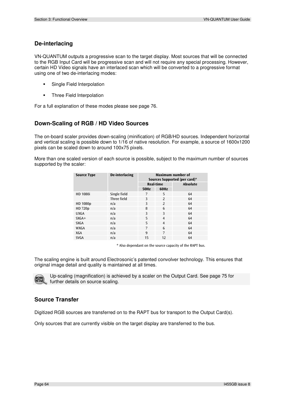 De-interlacing, Down-scaling of rgb / hd video sources, Source transfer | Extron Electronics VN-QUANTUM User Guide User Manual | Page 64 / 109