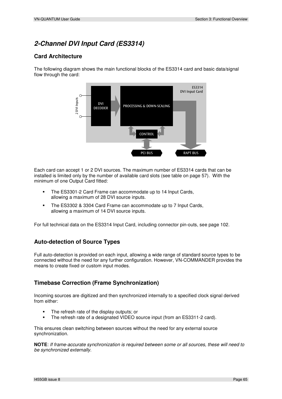 Channel dvi input card (es3314), Card architecture, Auto-detection of source types | Timebase correction (frame synchronization) | Extron Electronics VN-QUANTUM User Guide User Manual | Page 65 / 109