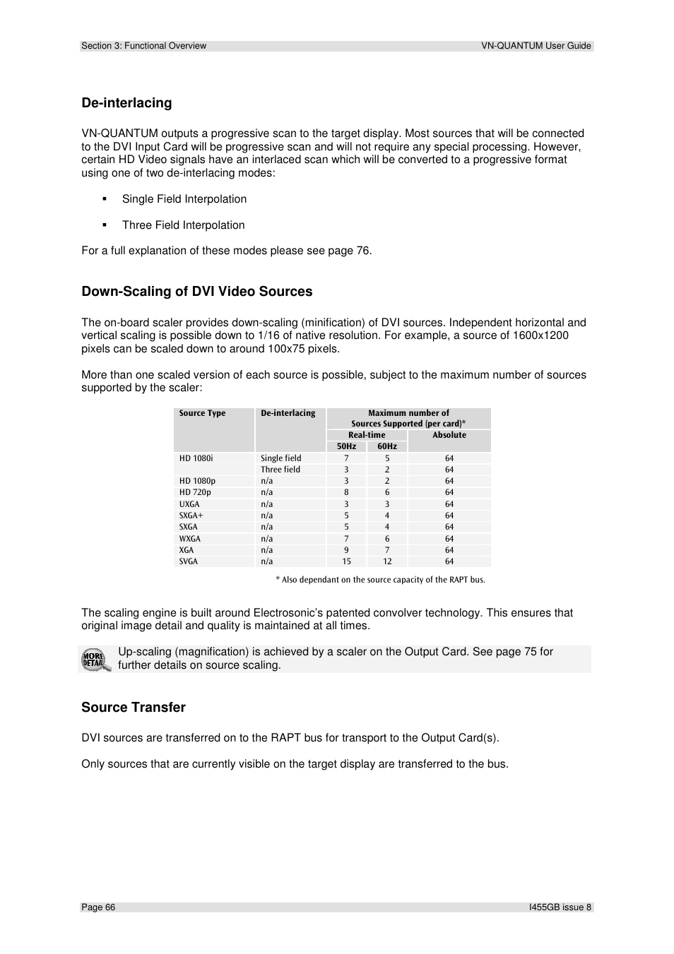 De-interlacing, Down-scaling of dvi video sources, Source transfer | Extron Electronics VN-QUANTUM User Guide User Manual | Page 66 / 109