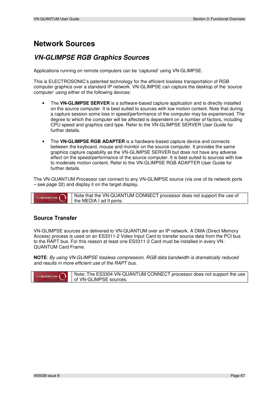 Network sources, Vn-glimpse rgb graphics sources, Source transfer | Extron Electronics VN-QUANTUM User Guide User Manual | Page 67 / 109