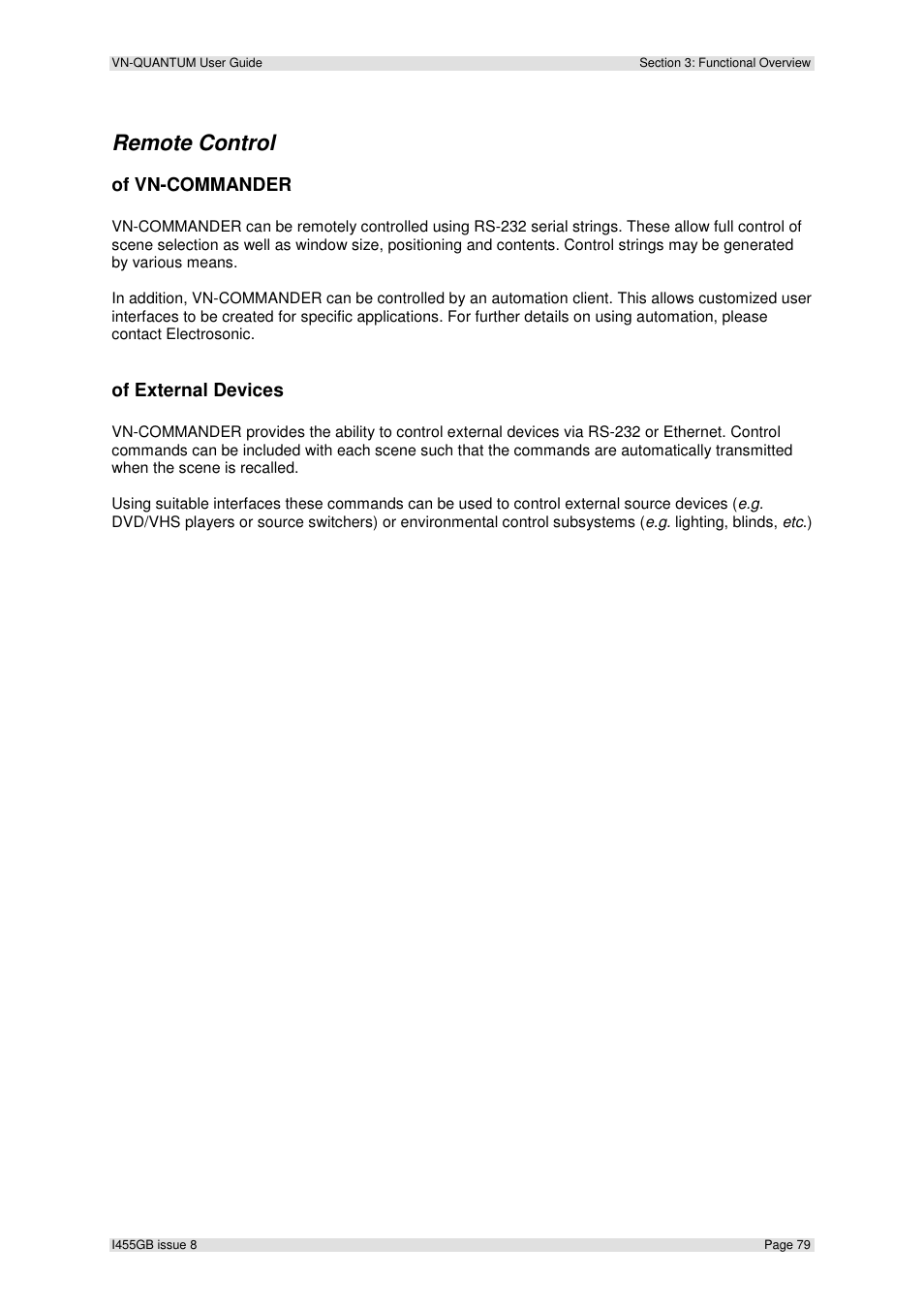 Remote control, Of vn-commander, Of external devices | Extron Electronics VN-QUANTUM User Guide User Manual | Page 79 / 109