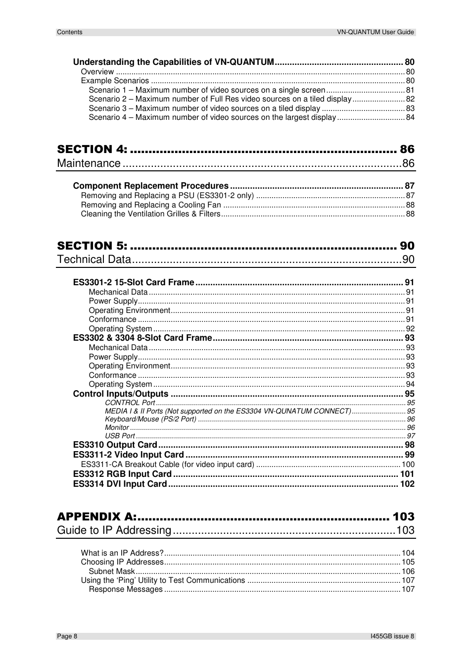 Maintenance, Technical data, Appendix a | Guide to ip addressing | Extron Electronics VN-QUANTUM User Guide User Manual | Page 8 / 109