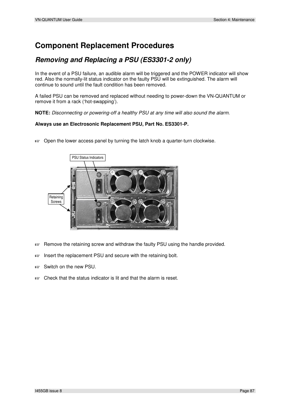 Component replacement procedures | Extron Electronics VN-QUANTUM User Guide User Manual | Page 87 / 109