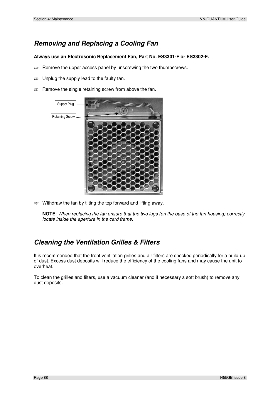 Removing and replacing a cooling fan, Cleaning the ventilation grilles & filters | Extron Electronics VN-QUANTUM User Guide User Manual | Page 88 / 109