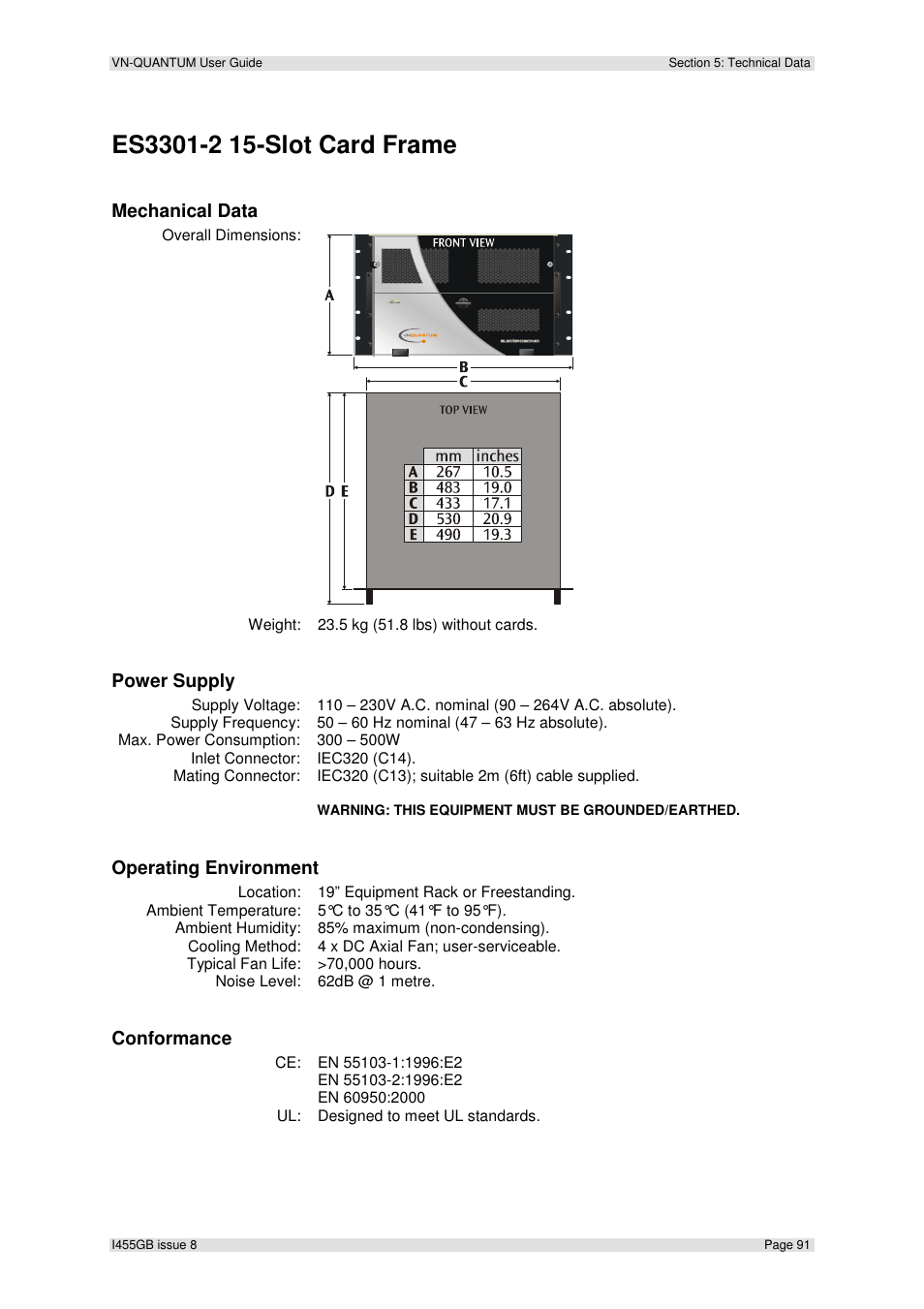 Mechanical data, Power supply, Operating environment | Conformance | Extron Electronics VN-QUANTUM User Guide User Manual | Page 91 / 109