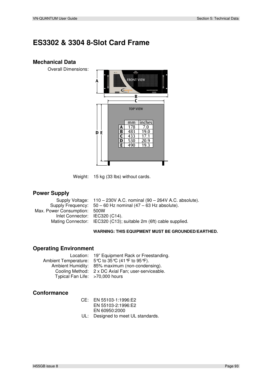 Mechanical data, Power supply, Operating environment | Conformance | Extron Electronics VN-QUANTUM User Guide User Manual | Page 93 / 109