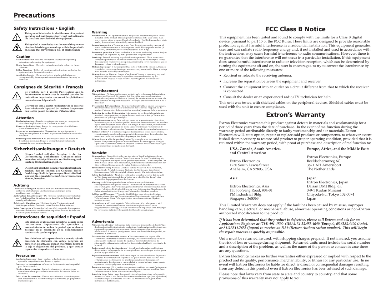 Precautions, Fcc class b notice, Extron’s warranty | Extron Electronics VTG 200 User Guide User Manual | Page 2 / 25