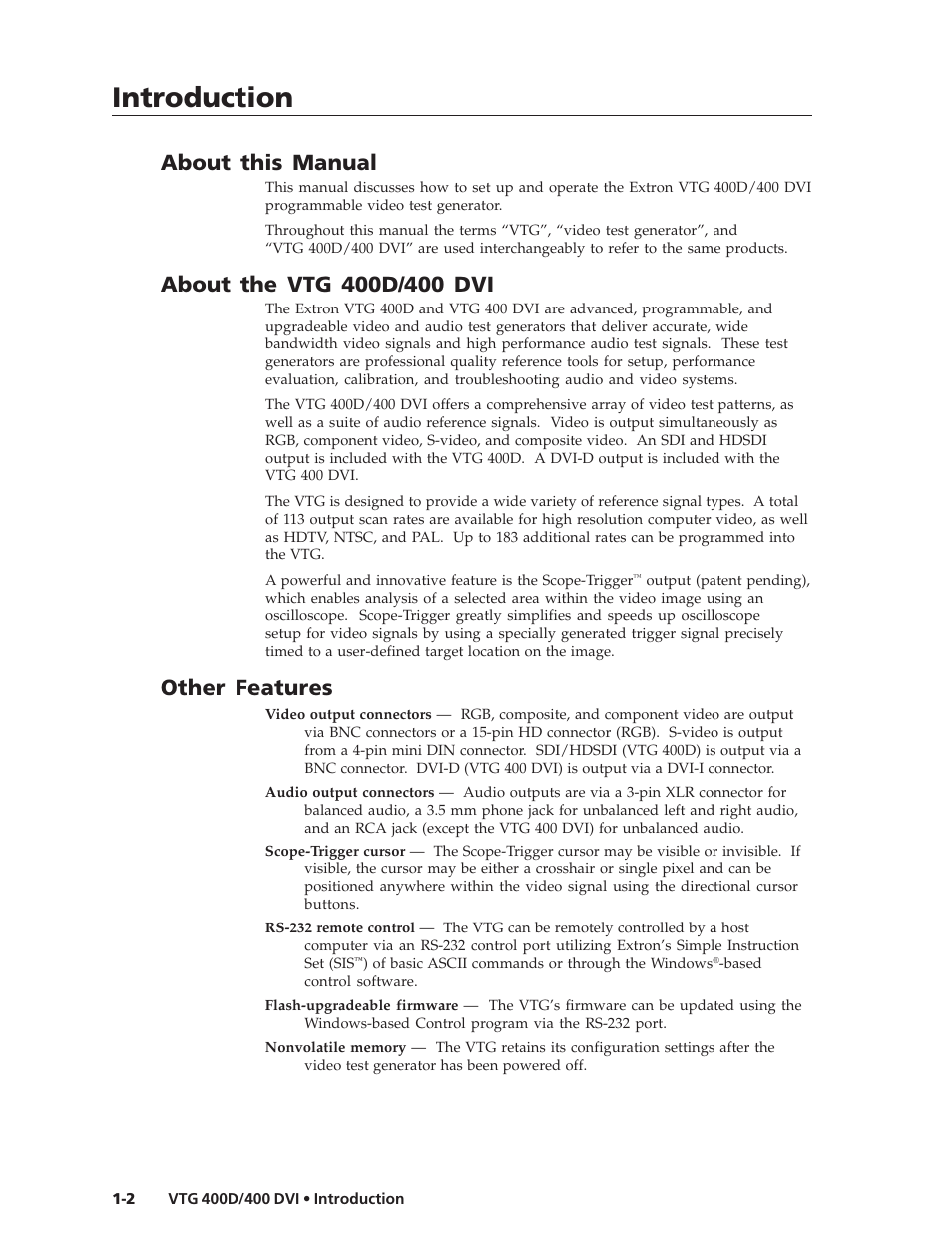 Introduction, About this manual, Other features | Extron Electronics VTG 400D_400 DVI User Guide User Manual | Page 10 / 88