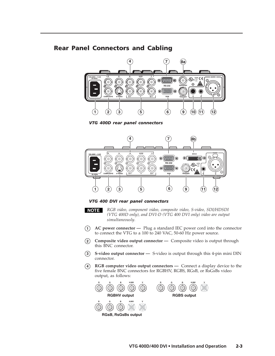 Rear panel connectors and cabling, Vtg 400d rear panel connectors, Rgbhv output rgbs output | Rgsb, rsgsbs output | Extron Electronics VTG 400D_400 DVI User Guide User Manual | Page 13 / 88