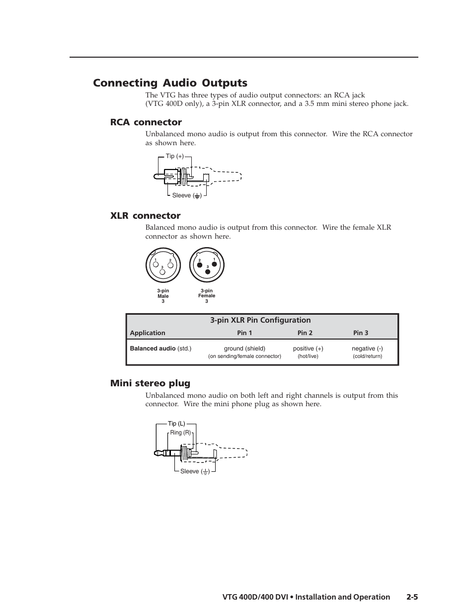 Connecting audio outputs, Rca connector, Xlr connector | Mini stereo plug | Extron Electronics VTG 400D_400 DVI User Guide User Manual | Page 15 / 88