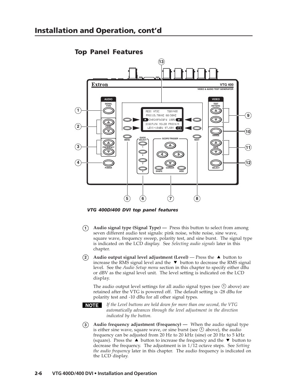 Installation and operation, cont’d, Top panel features | Extron Electronics VTG 400D_400 DVI User Guide User Manual | Page 16 / 88