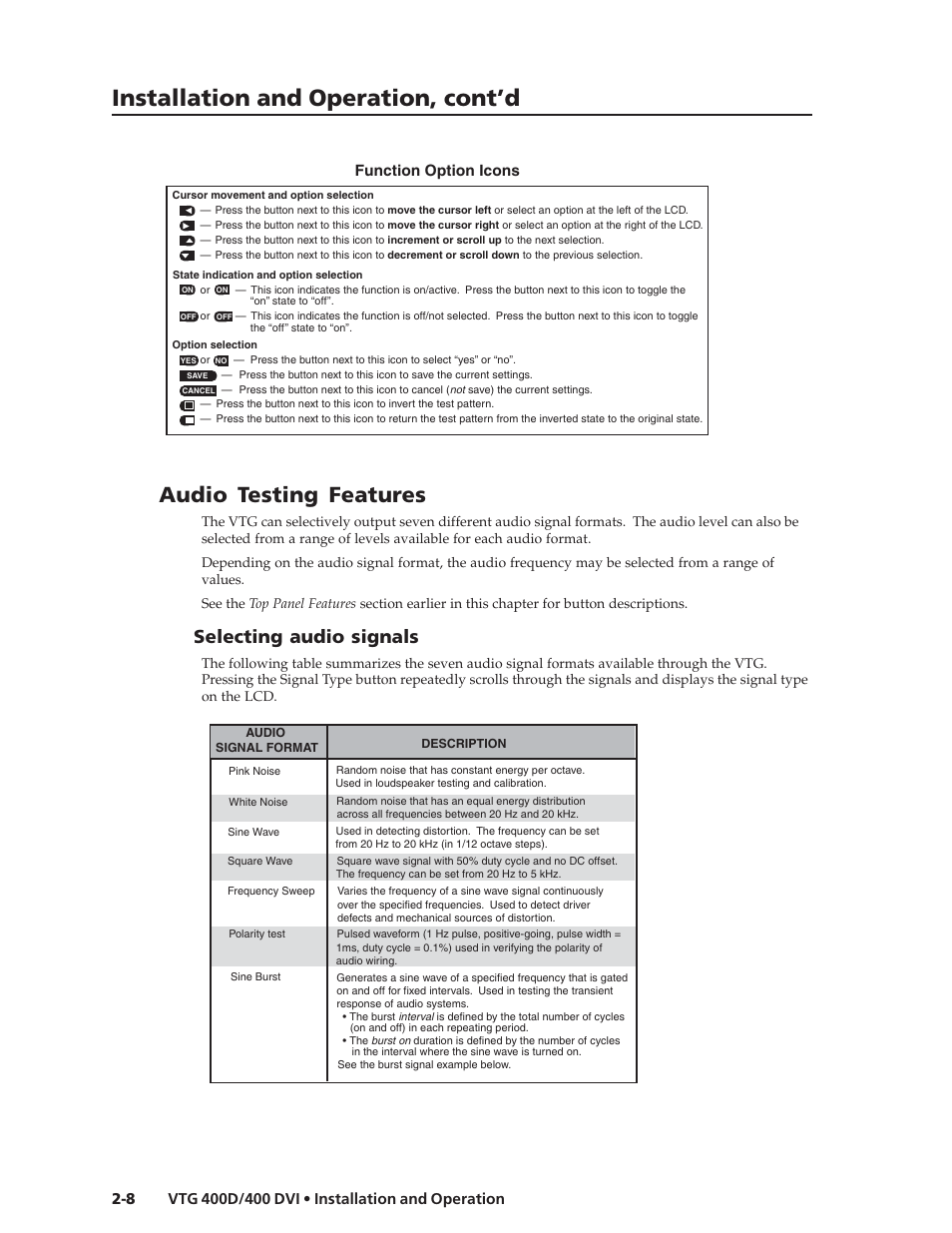 Installation and operation, cont’d, Audio testing features, Selecting audio signals | Extron Electronics VTG 400D_400 DVI User Guide User Manual | Page 18 / 88