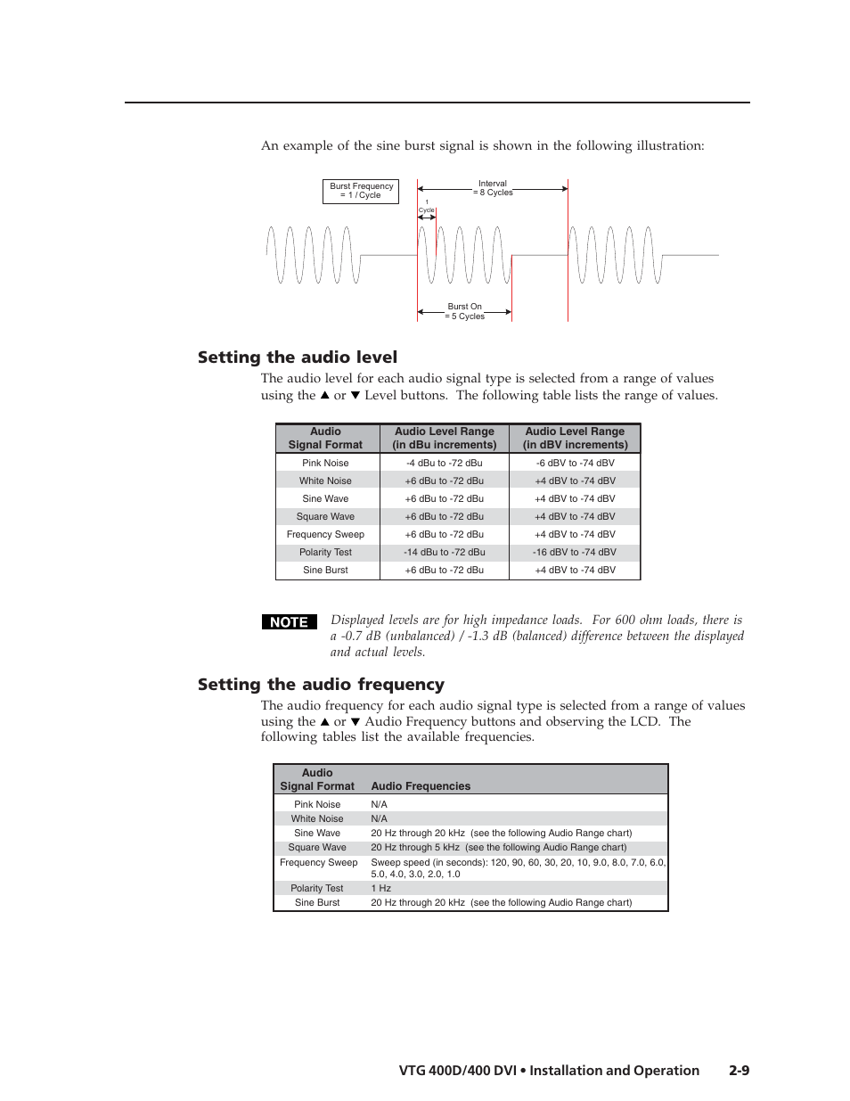 Setting the audio level, Setting the audio frequency | Extron Electronics VTG 400D_400 DVI User Guide User Manual | Page 19 / 88