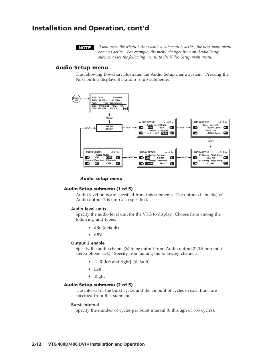 Installation and operation, cont’d, Audio setup menu, Audio setup submenu (1 of 5) | Audio setup submenu (2 of 5) | Extron Electronics VTG 400D_400 DVI User Guide User Manual | Page 22 / 88