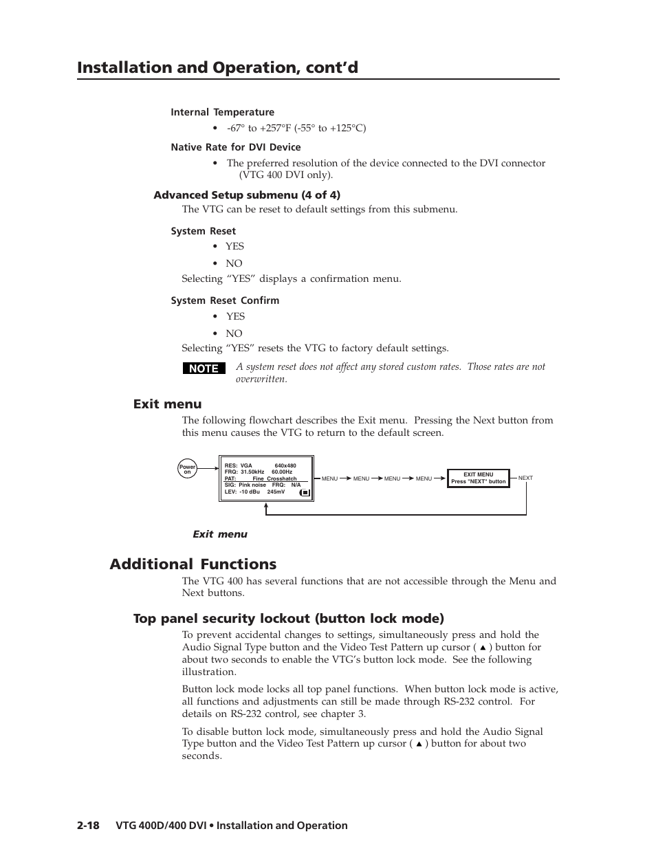 Installation and operation, cont’d, Additional functions, Exit menu | Top panel security lockout (button lock mode) | Extron Electronics VTG 400D_400 DVI User Guide User Manual | Page 28 / 88
