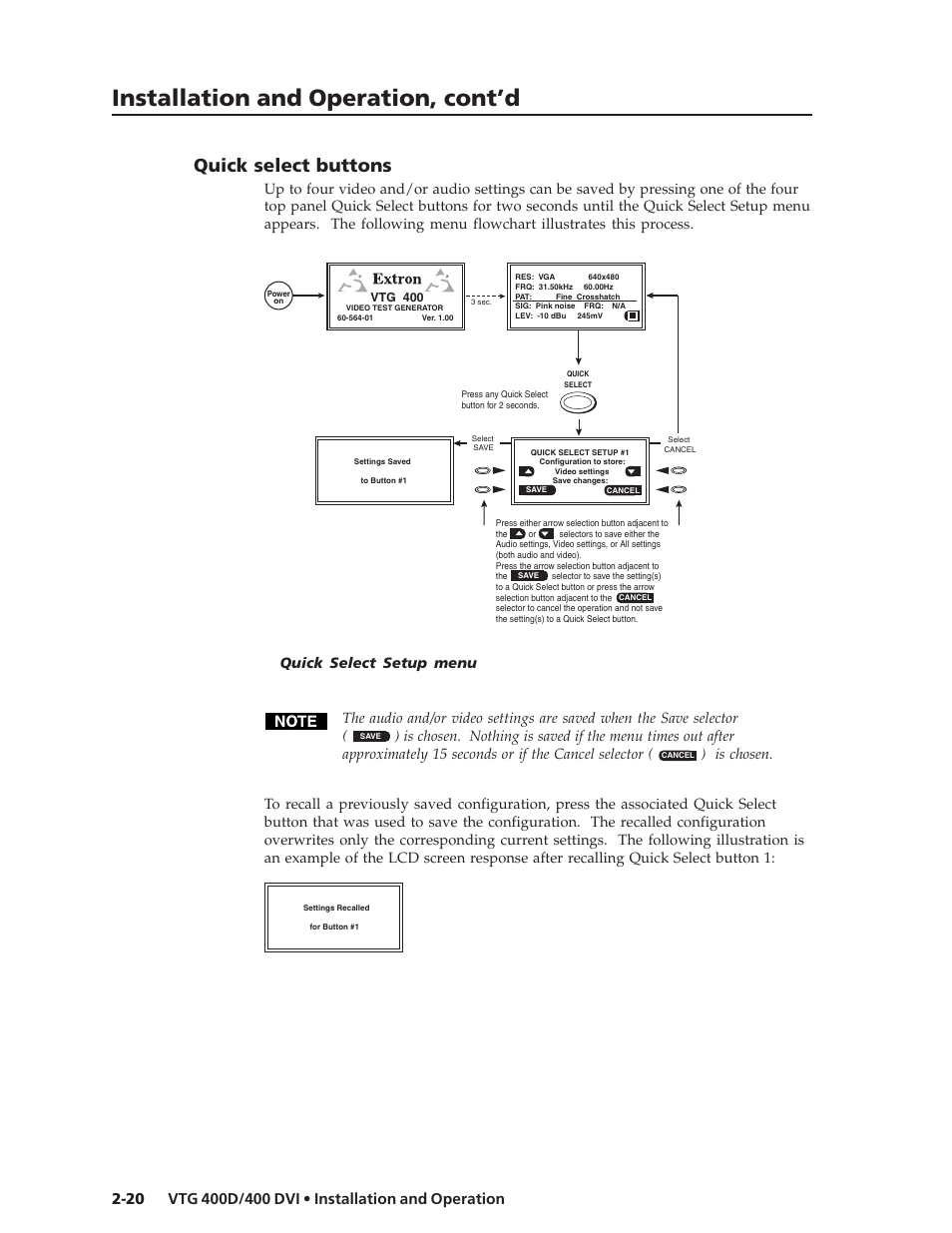 Installation and operation, cont’d, Quick select buttons | Extron Electronics VTG 400D_400 DVI User Guide User Manual | Page 30 / 88