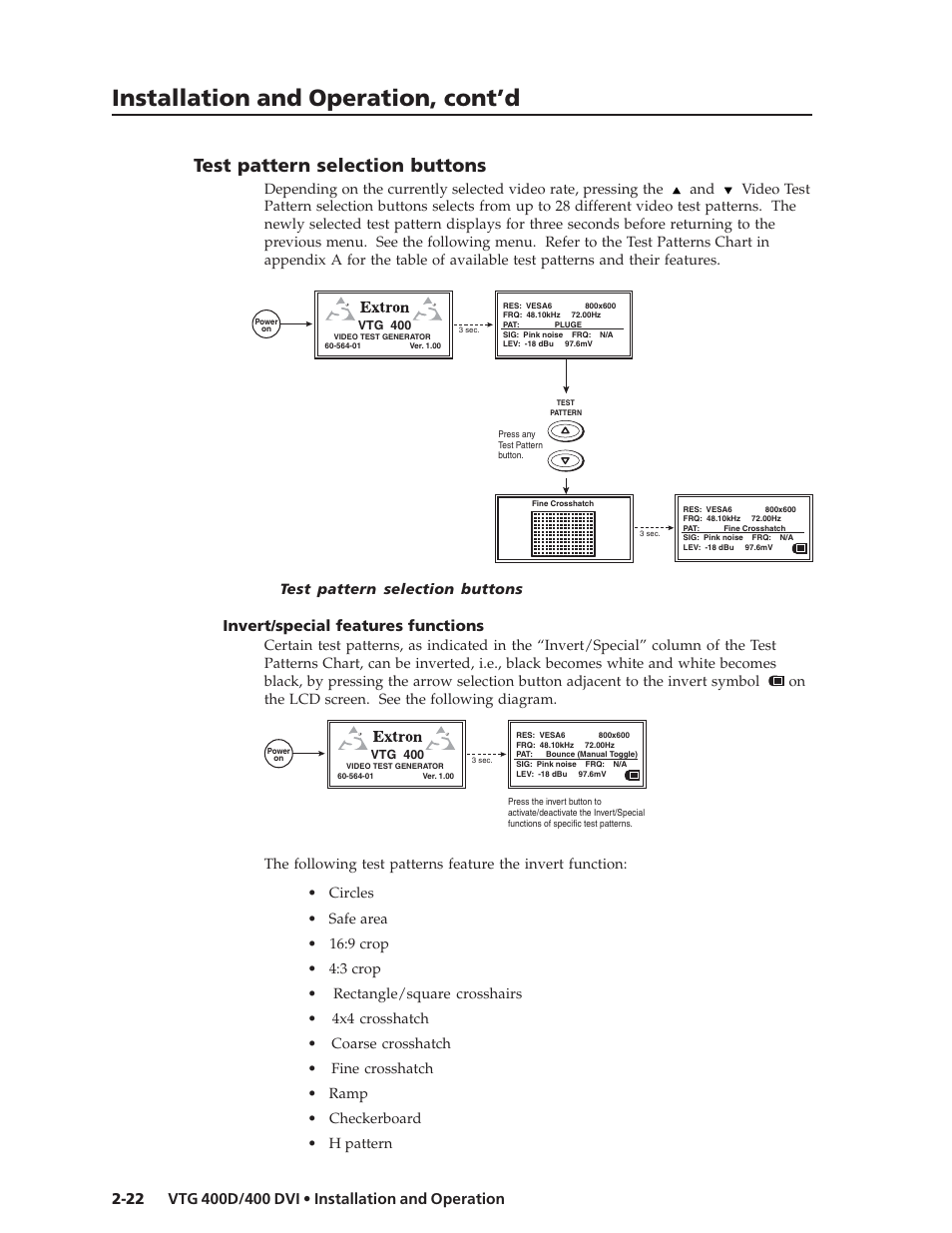 Installation and operation, cont’d, Test pattern selection buttons, Invert/special features functions | Extron Electronics VTG 400D_400 DVI User Guide User Manual | Page 32 / 88