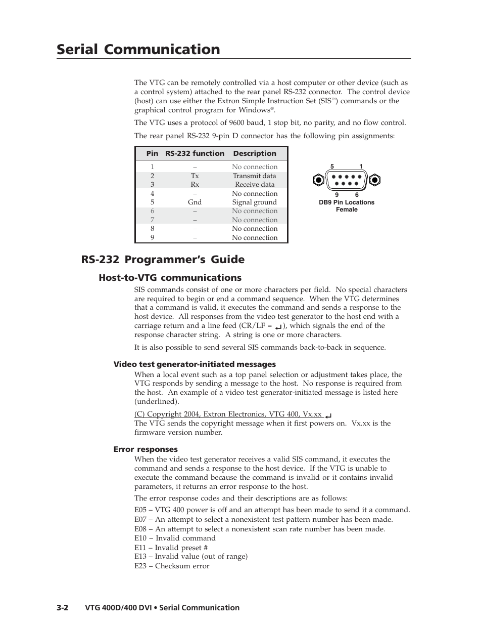 Serial communication, Rs-232 programmer’s guide, Host-to-vtg communications | Extron Electronics VTG 400D_400 DVI User Guide User Manual | Page 38 / 88