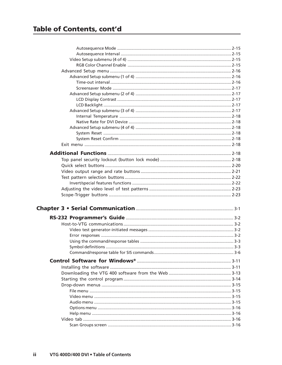 Table of contents, cont’d | Extron Electronics VTG 400D_400 DVI User Guide User Manual | Page 6 / 88