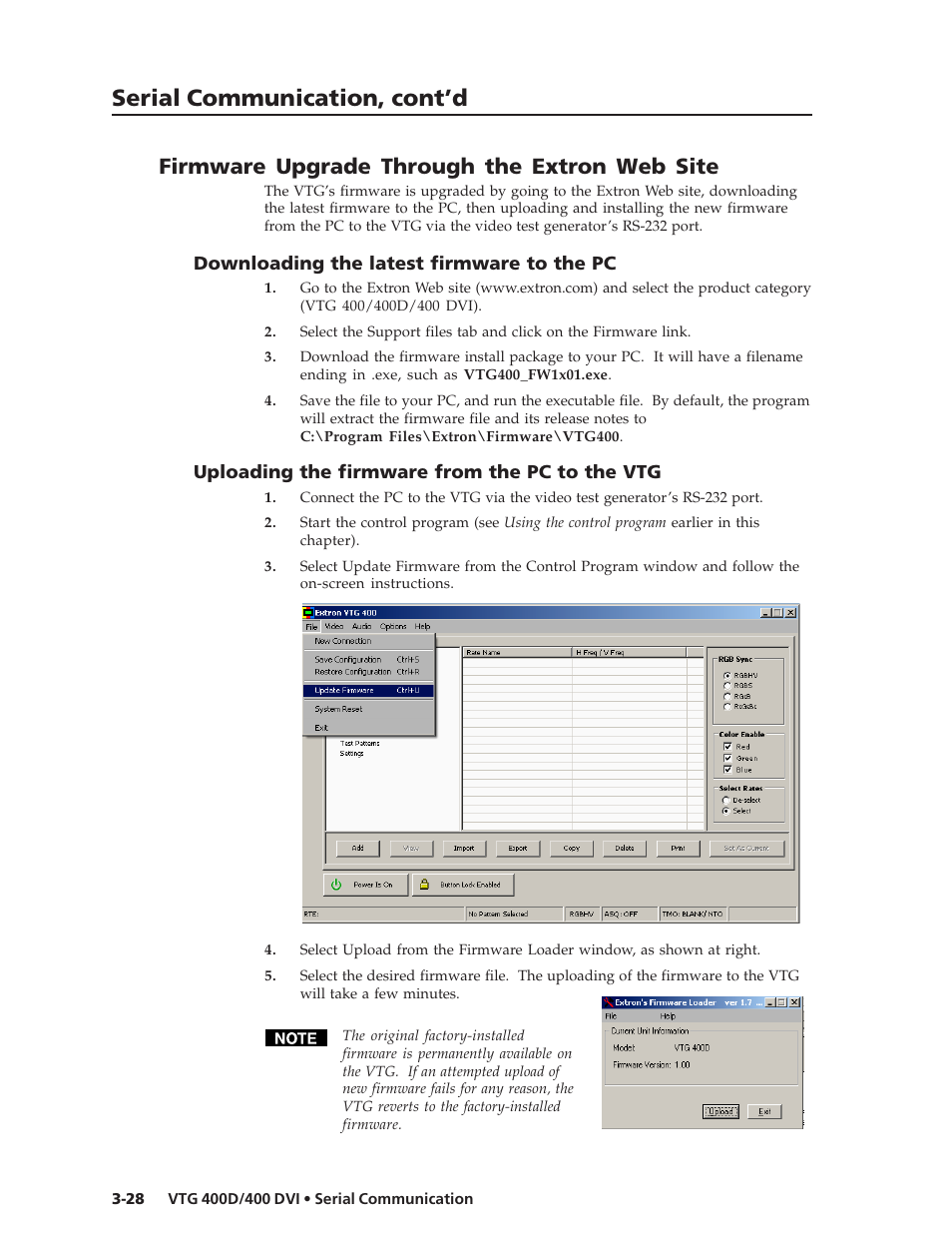 Serial communication, cont’d, Firmware upgrade through the extron web site | Extron Electronics VTG 400D_400 DVI User Guide User Manual | Page 64 / 88