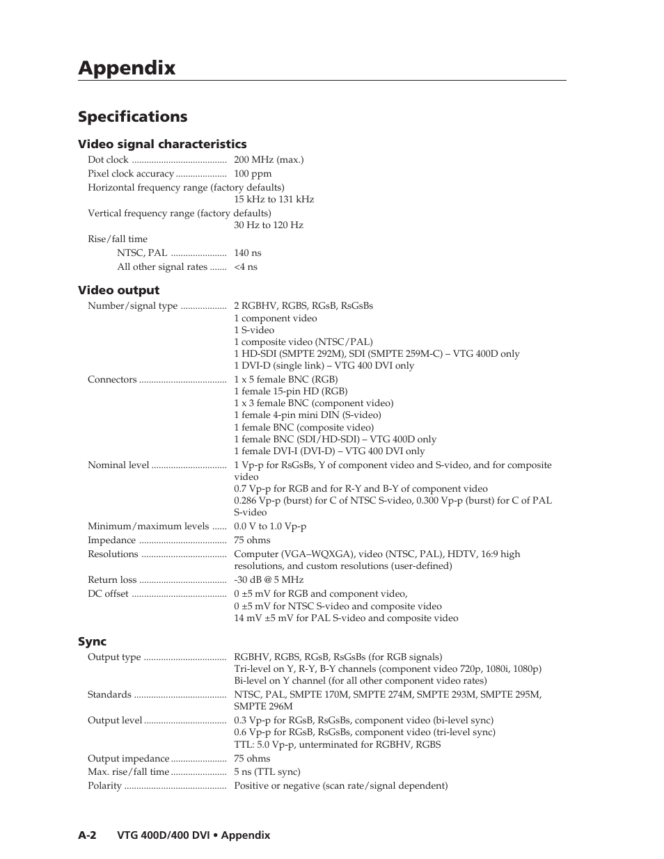 Appendix, Specifications | Extron Electronics VTG 400D_400 DVI User Guide User Manual | Page 66 / 88